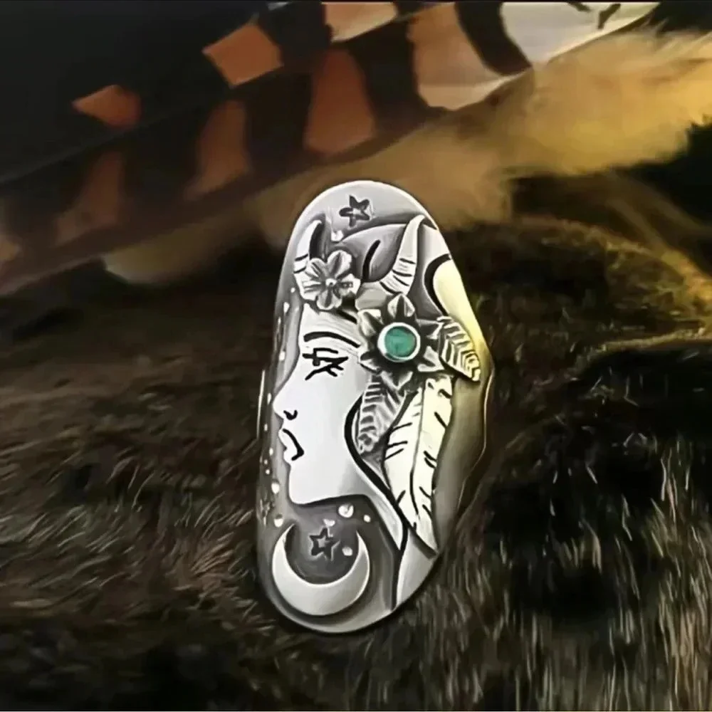 Silver Bohemian Woman Face Silver Ring